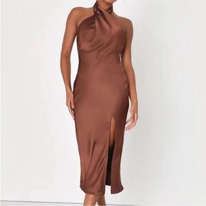 NWT, Lulus Satin Brown Halter Midi Wedding Guest Dress